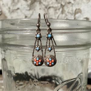 Dainty Western Tribal Floral Hook Earrings w/ Turquoise and Orange Pierced Ears